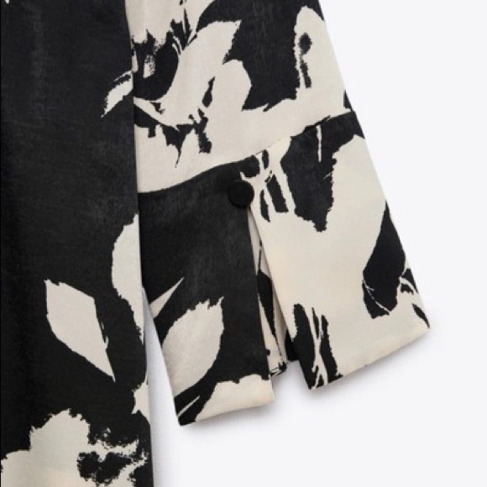 NWT. Zara Black/Cream Satin Effect Floral Print Midi Dress. Size S. - Picture 8 of 11